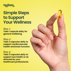 HOLISTQ wellness capsule highlights omega 3 6 9 for comprehensive fatty acids.