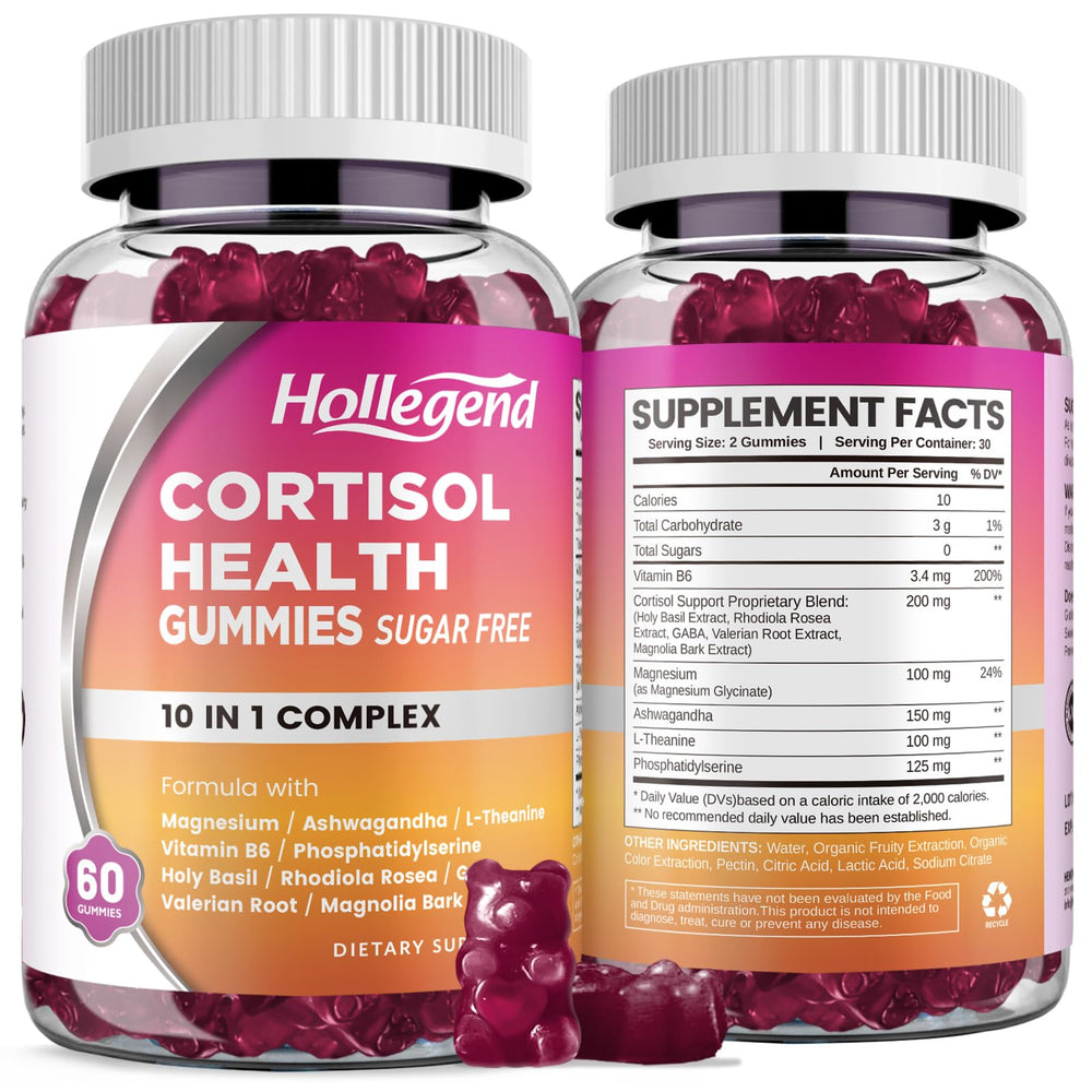 HOLLEGEND cortisol gummies bottle in blueberry flavor for daily stress support.