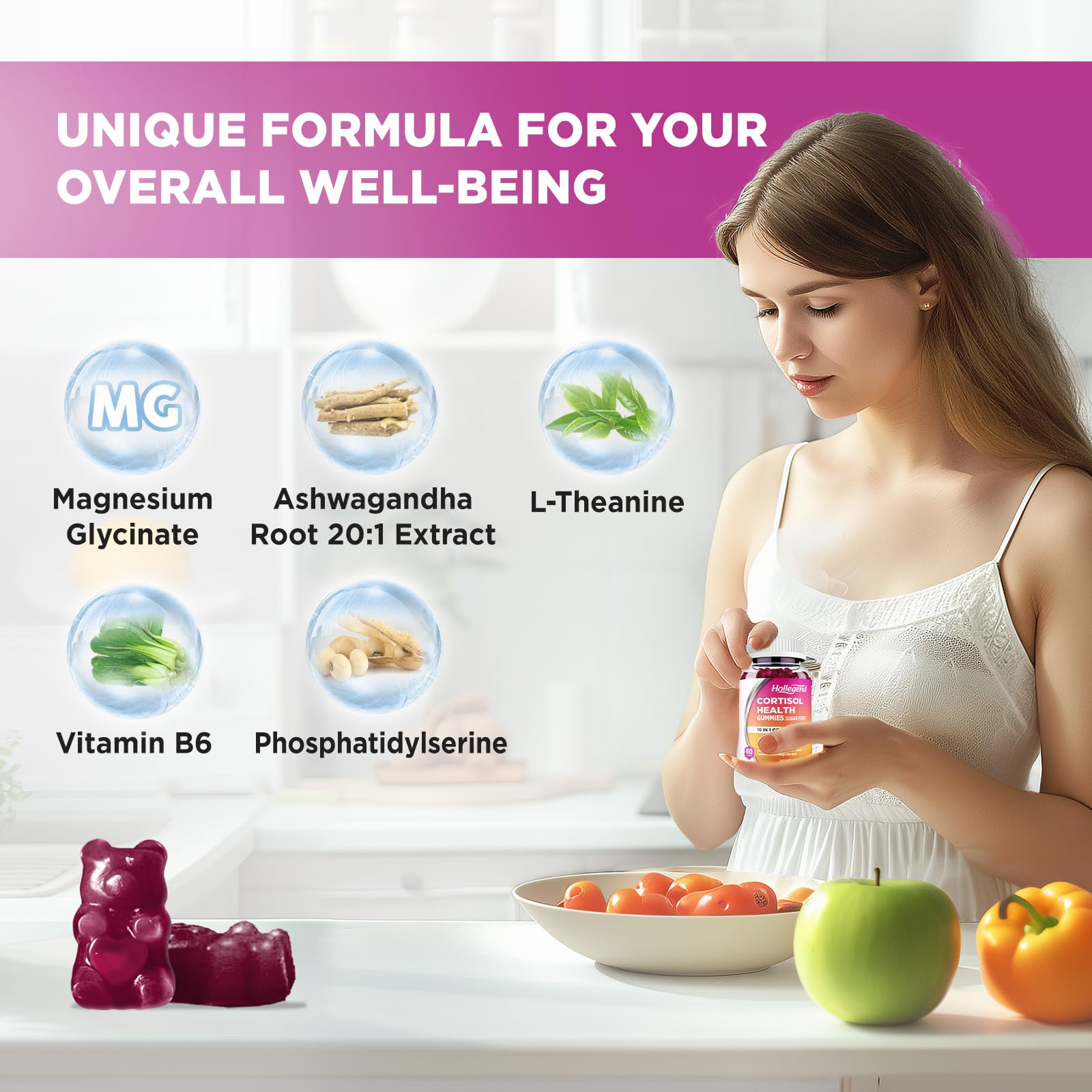 Close-up of HOLLEGEND label highlighting vegan, sugar-free formula.