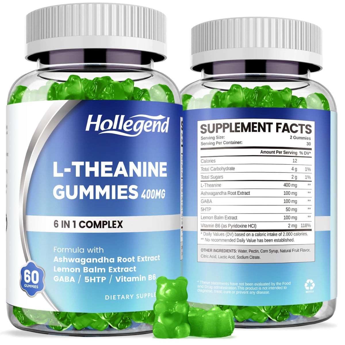 HOLLEGEND L-Theanine Gummies lemon bottle front, ideal for daily calm