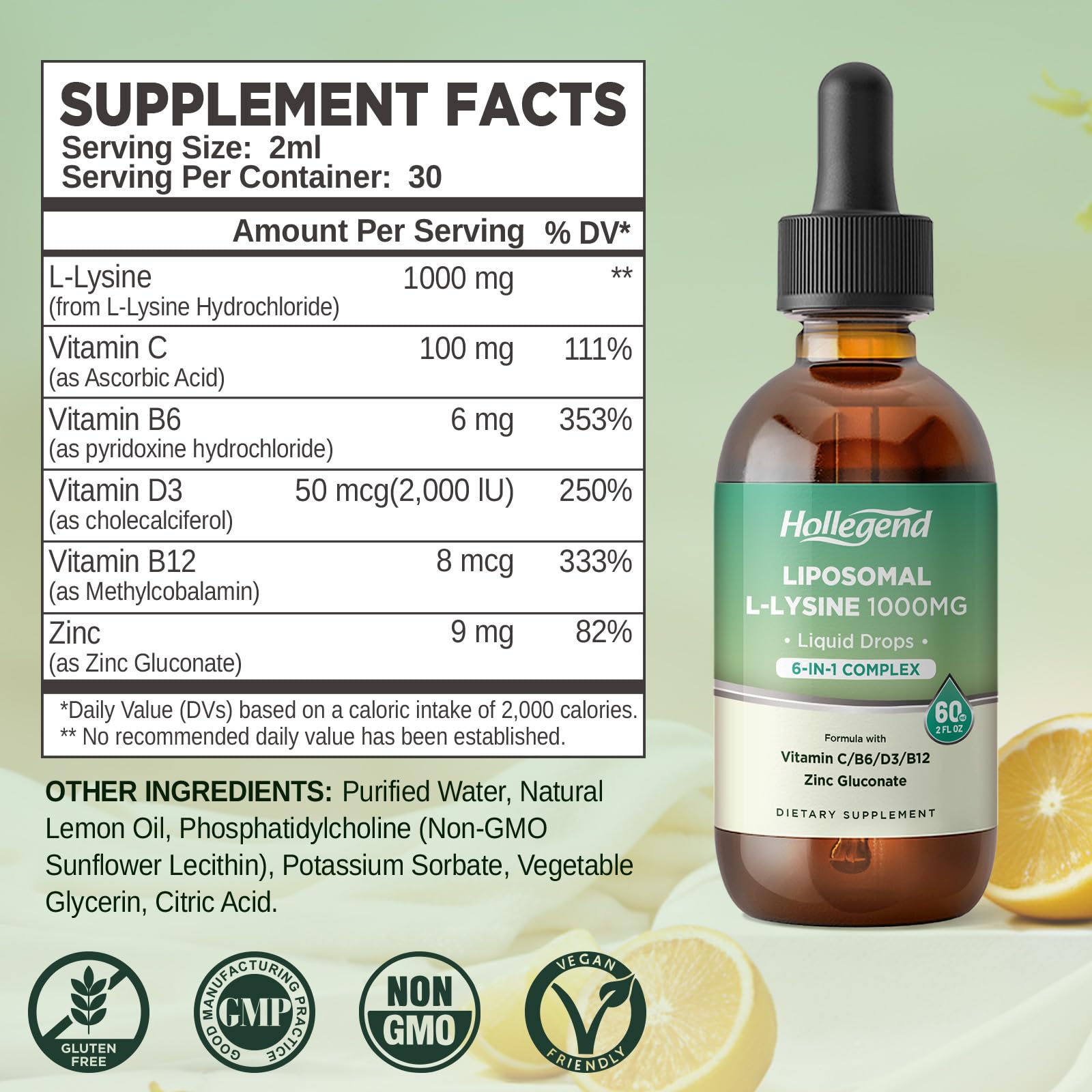 HOLLEGEND Liposomal L-lysine drops with dropper for easy daily lip health dosing.