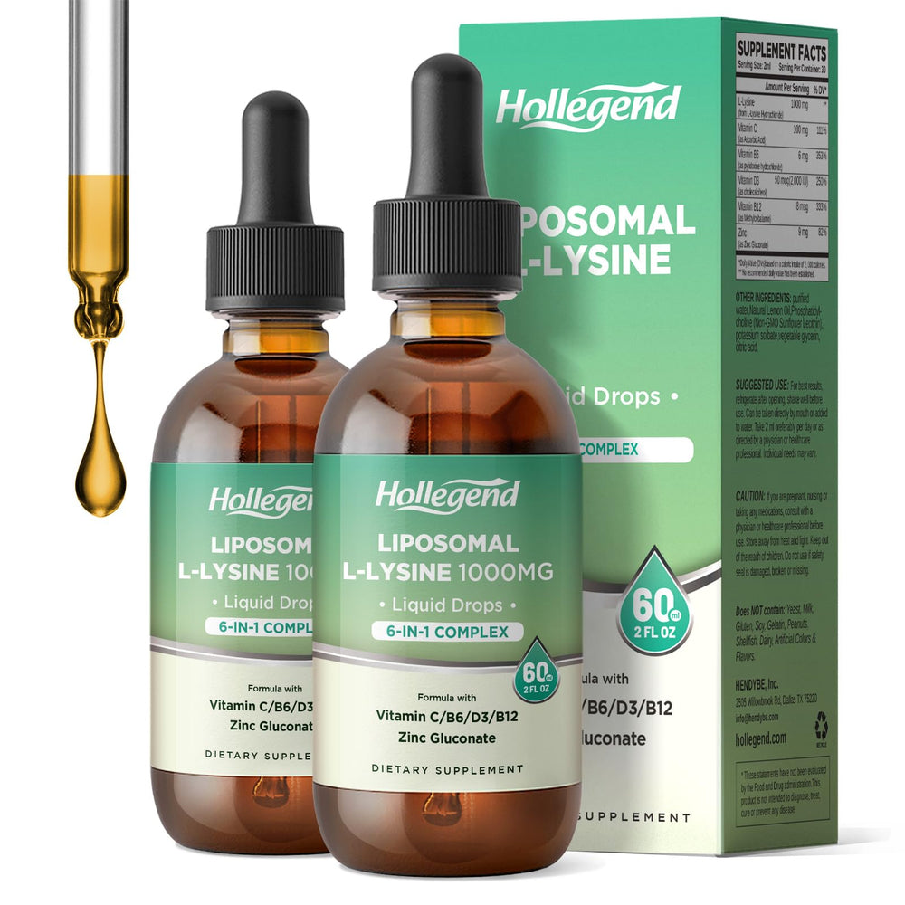 HOLLEGEND Liposomal L-lysine drops bottle with lemon flavor for immune support.