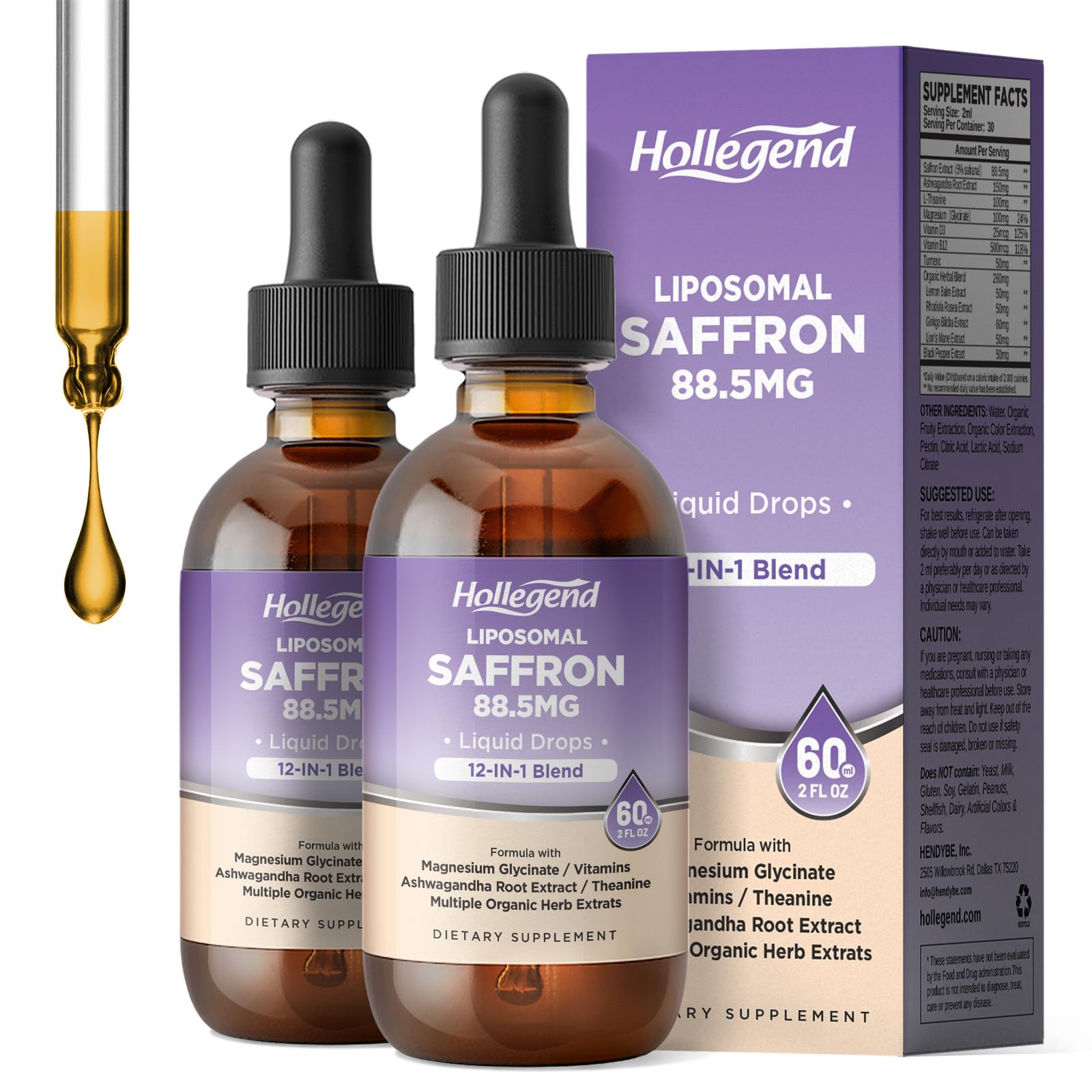 HOLLEGEND Liposomal Saffron Drops bottle highlights organic saffron for enhanced absorption