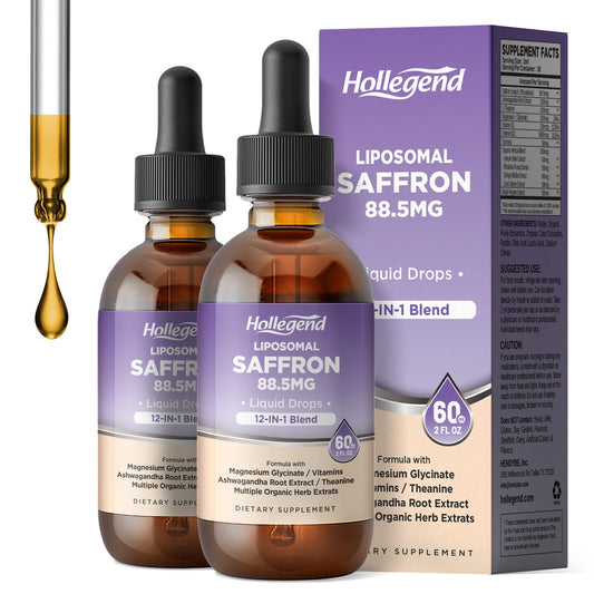 HOLLEGEND Liposomal Saffron Drops bottle highlights organic saffron for enhanced absorption