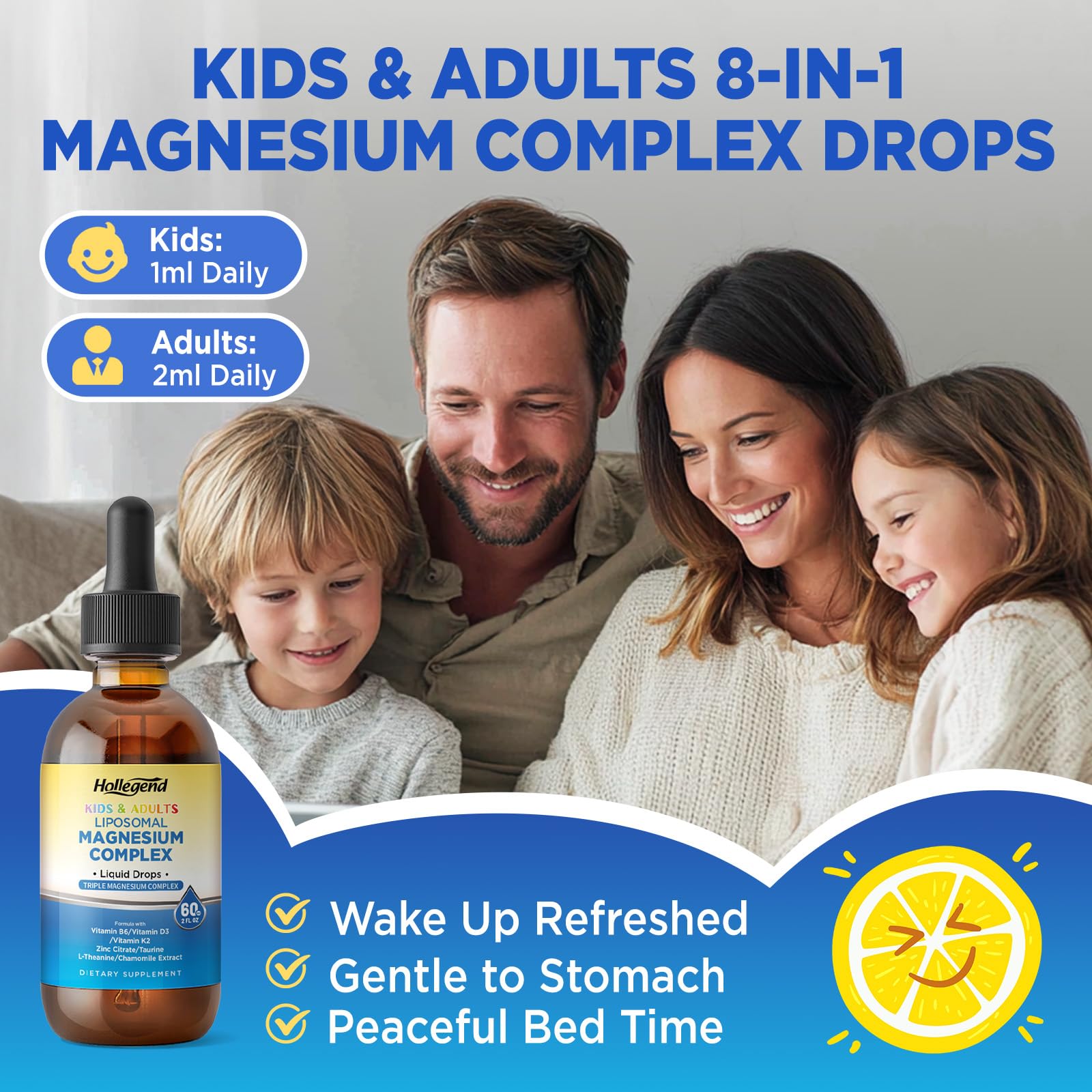 HOLLEGEND magnesium drops ingredient icons show D3, K2, zinc presence