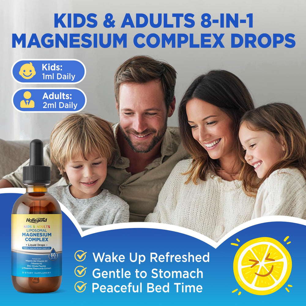 HOLLEGEND magnesium drops ingredient icons show D3, K2, zinc presence