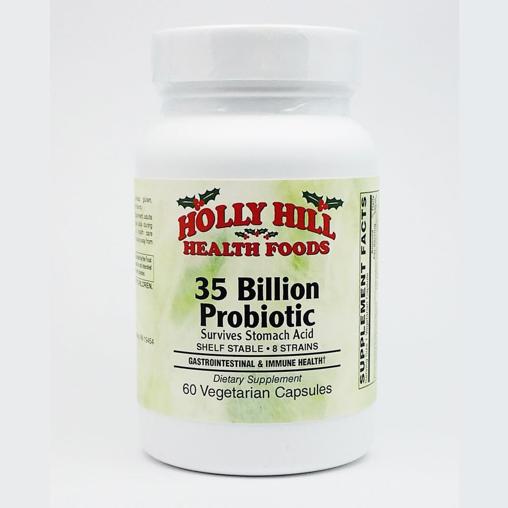 Holly Hill Health Foods 35B Probiotic bottle shows high potency for gut support.