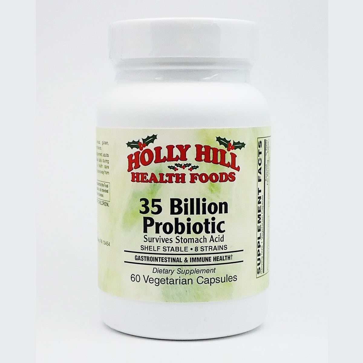Holly Hill Health Foods 35B Probiotic bottle shows high potency for gut support.