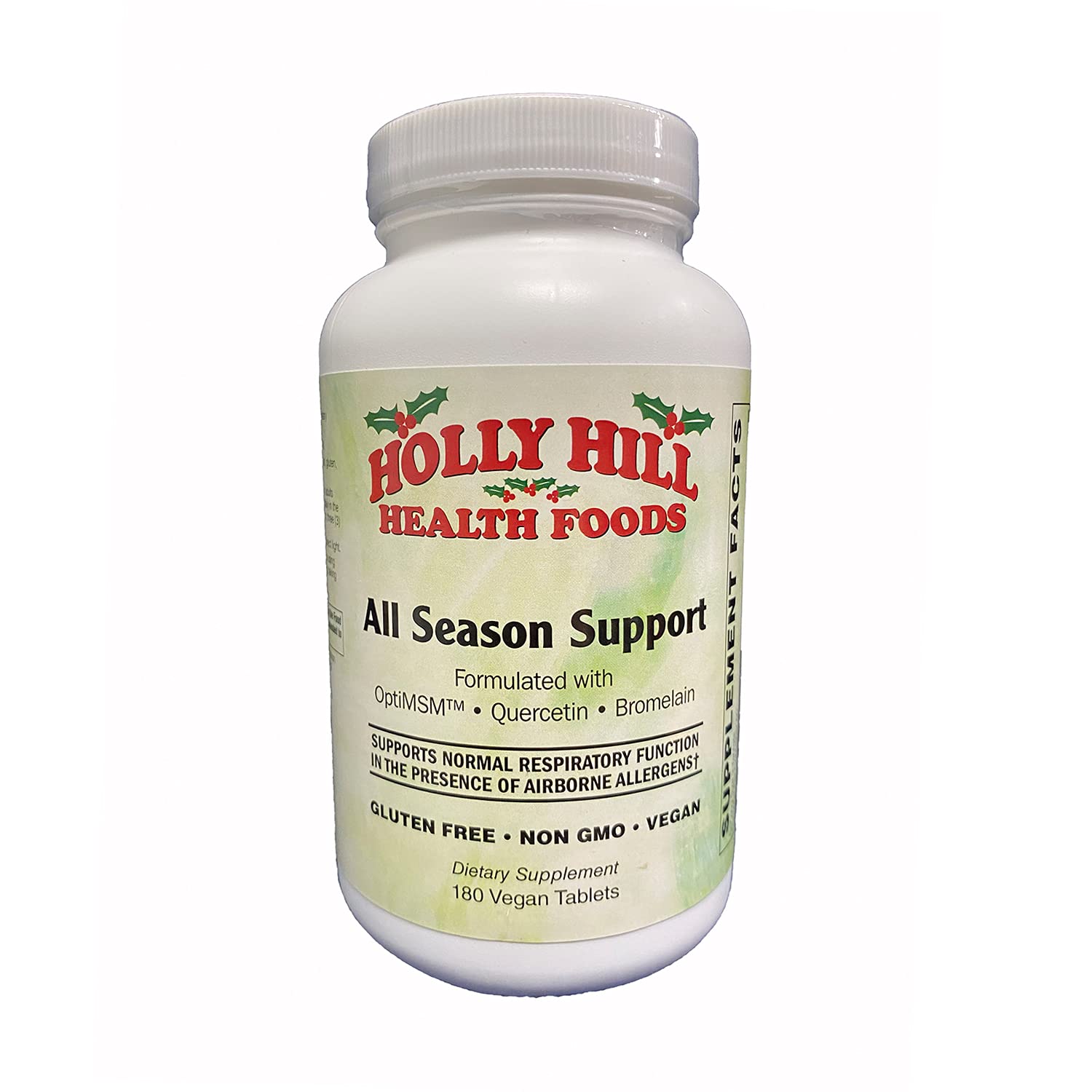 Holly Hill All Season Support bottle front with vegan tablets for seasonal comfort.