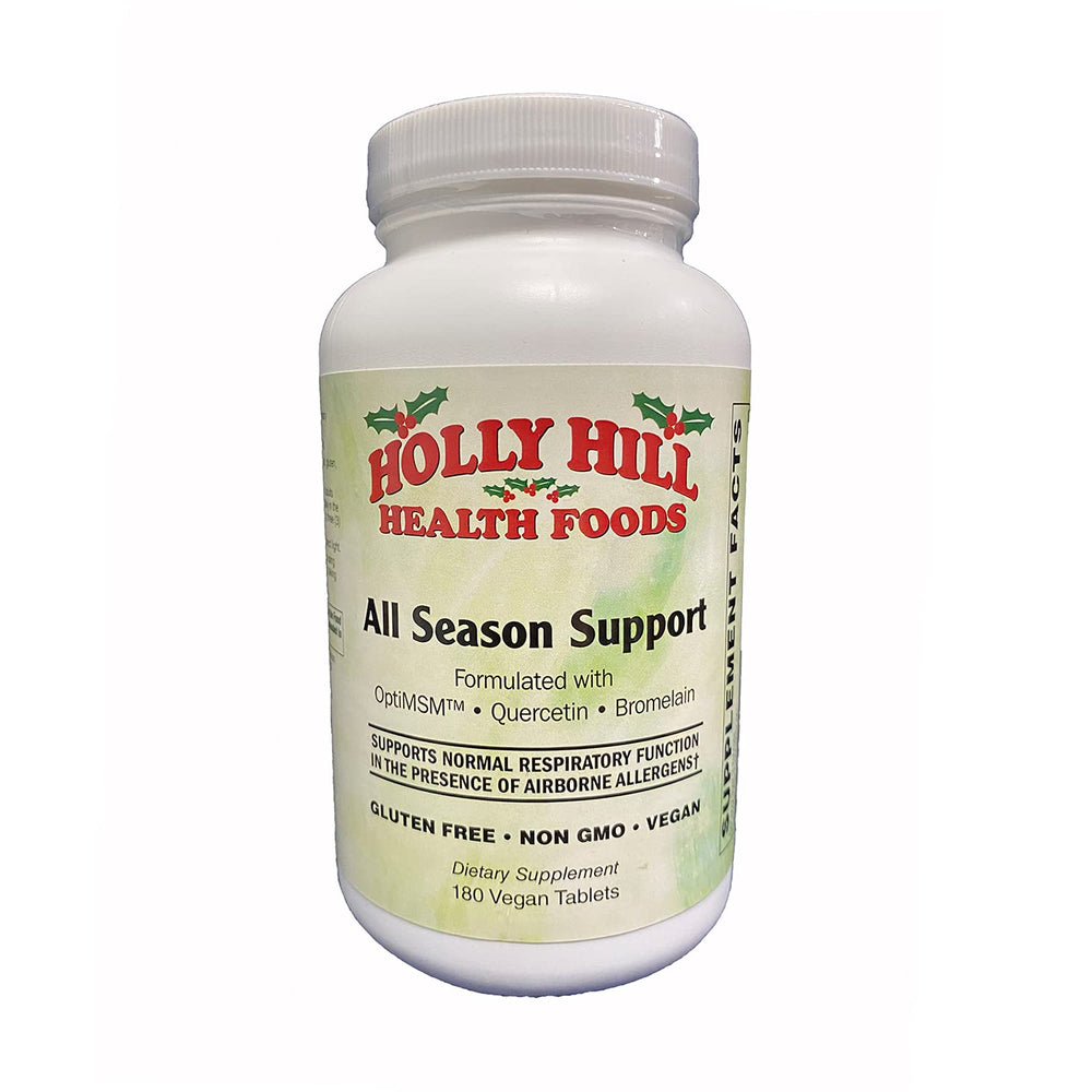 Holly Hill All Season Support bottle front with vegan tablets for seasonal comfort.