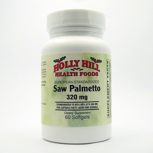 Holly Hill Health Foods European Standardized Saw Palmetto bottle pour may support healthy prostate function.