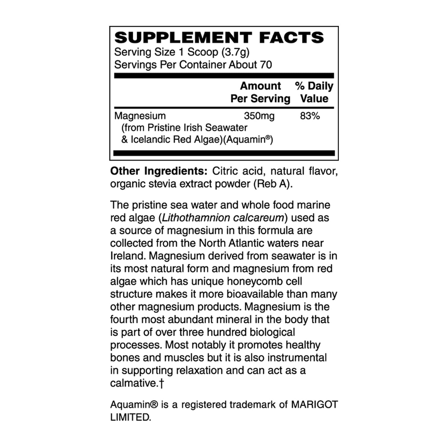 Holly Hill Health Foods magnesium powder packaging label emphasizes clean allergen-free formula.