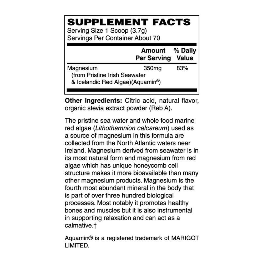 Holly Hill Health Foods magnesium powder packaging label emphasizes clean allergen-free formula.
