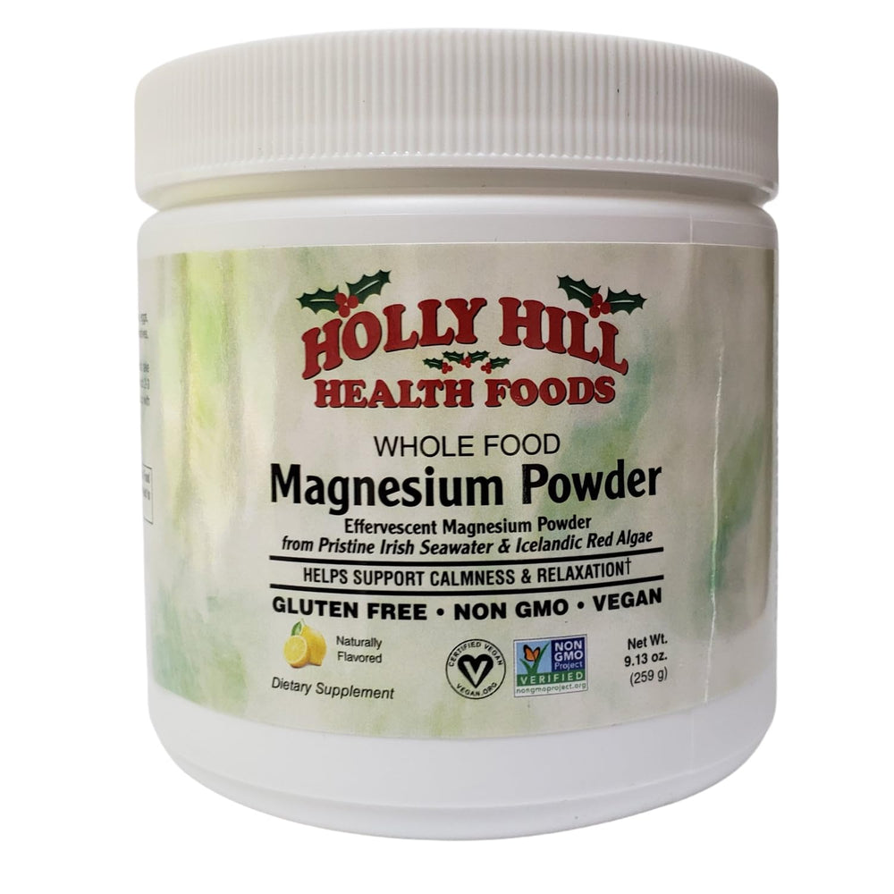 Holly Hill Health Foods magnesium powder bottle pour demonstrates simple daily use for relaxed muscles.