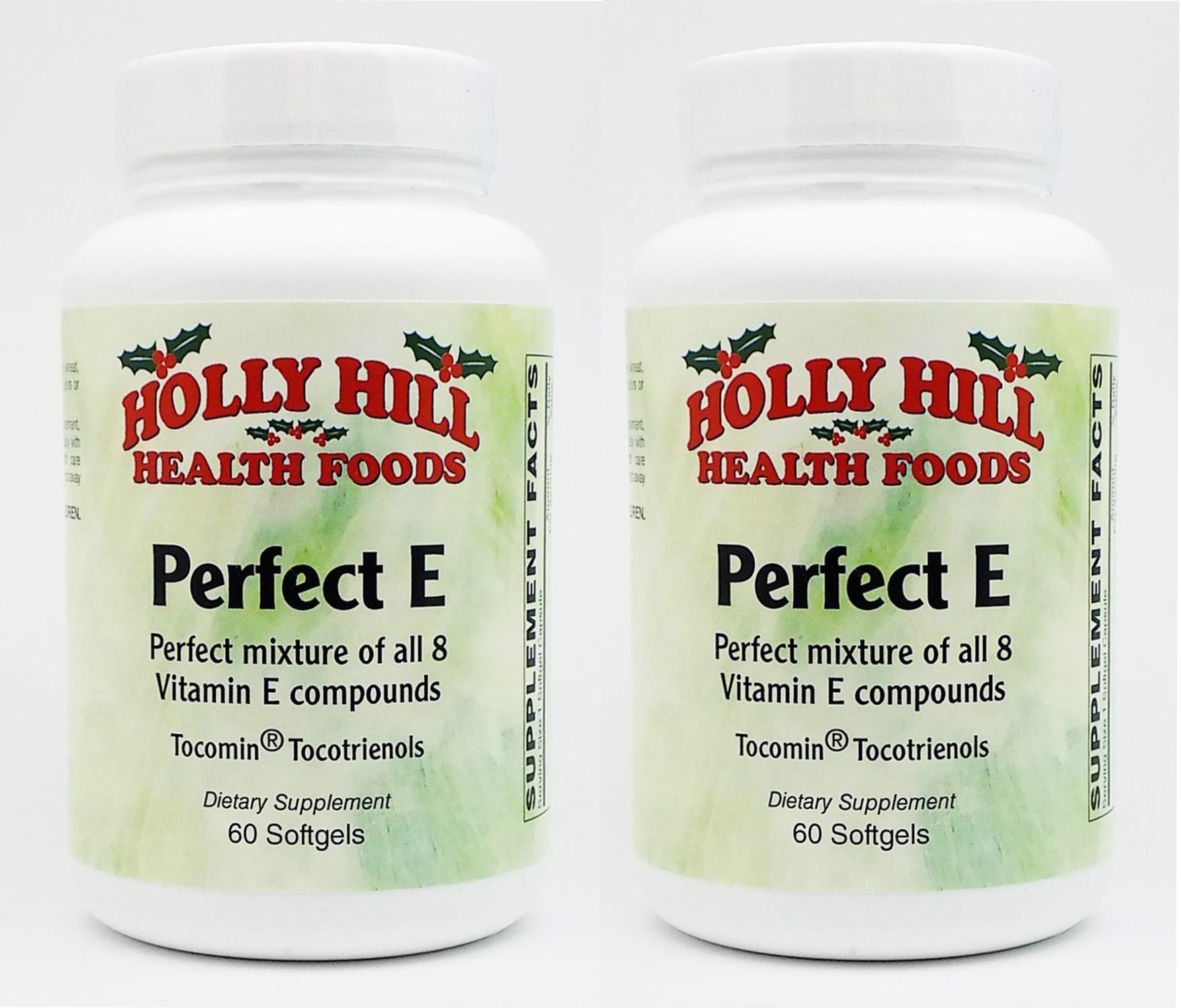 Holly Hill Health Foods Perfect E Compound bottle shows full spectrum vitamin E blend.