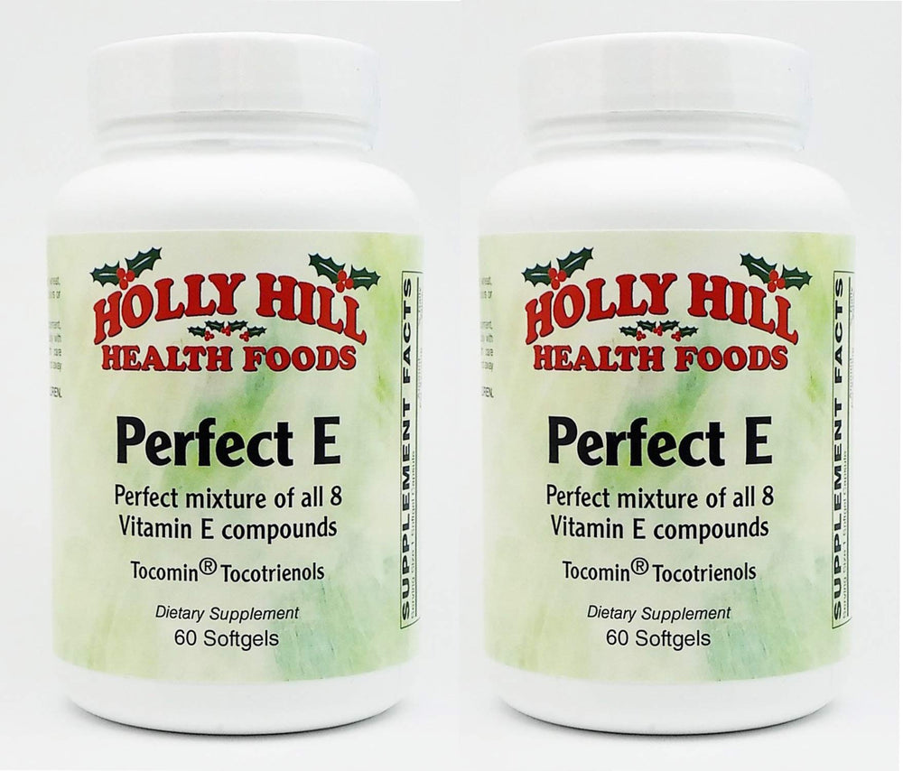 Holly Hill Health Foods Perfect E Compound bottle shows full spectrum vitamin E blend.