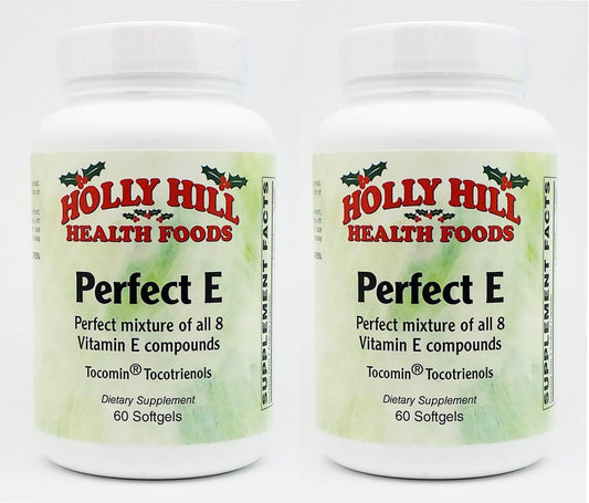 Holly Hill Health Foods Perfect E Compound bottle shows full spectrum vitamin E blend.
