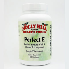 Holly Hill Perfect E Compound bottle shows full-spectrum vitamin E for antioxidant support