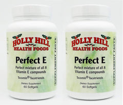 Holly Hill Health Foods Perfect E Compound bottle shows full spectrum vitamin E blend.