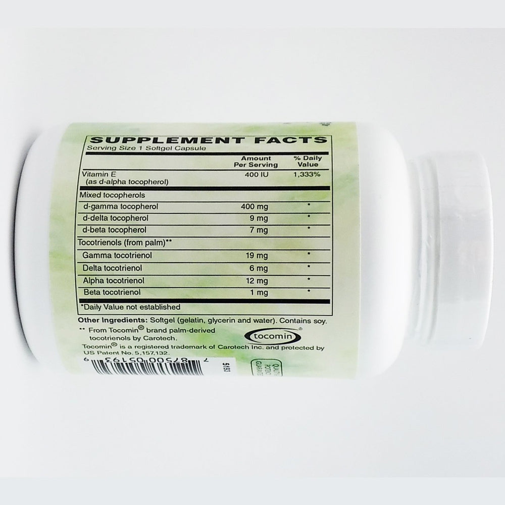 Holly Hill Health Foods Perfect E label close-up highlights tocotrienols and full tocopherol complex