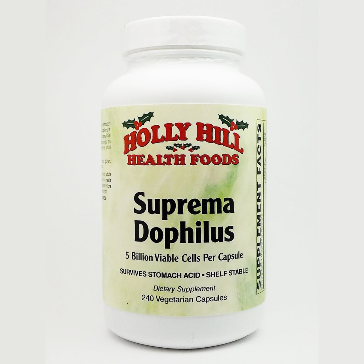 Holly Hill Suprema Dophilus bottle showcases a probiotic option for daily gut balance.