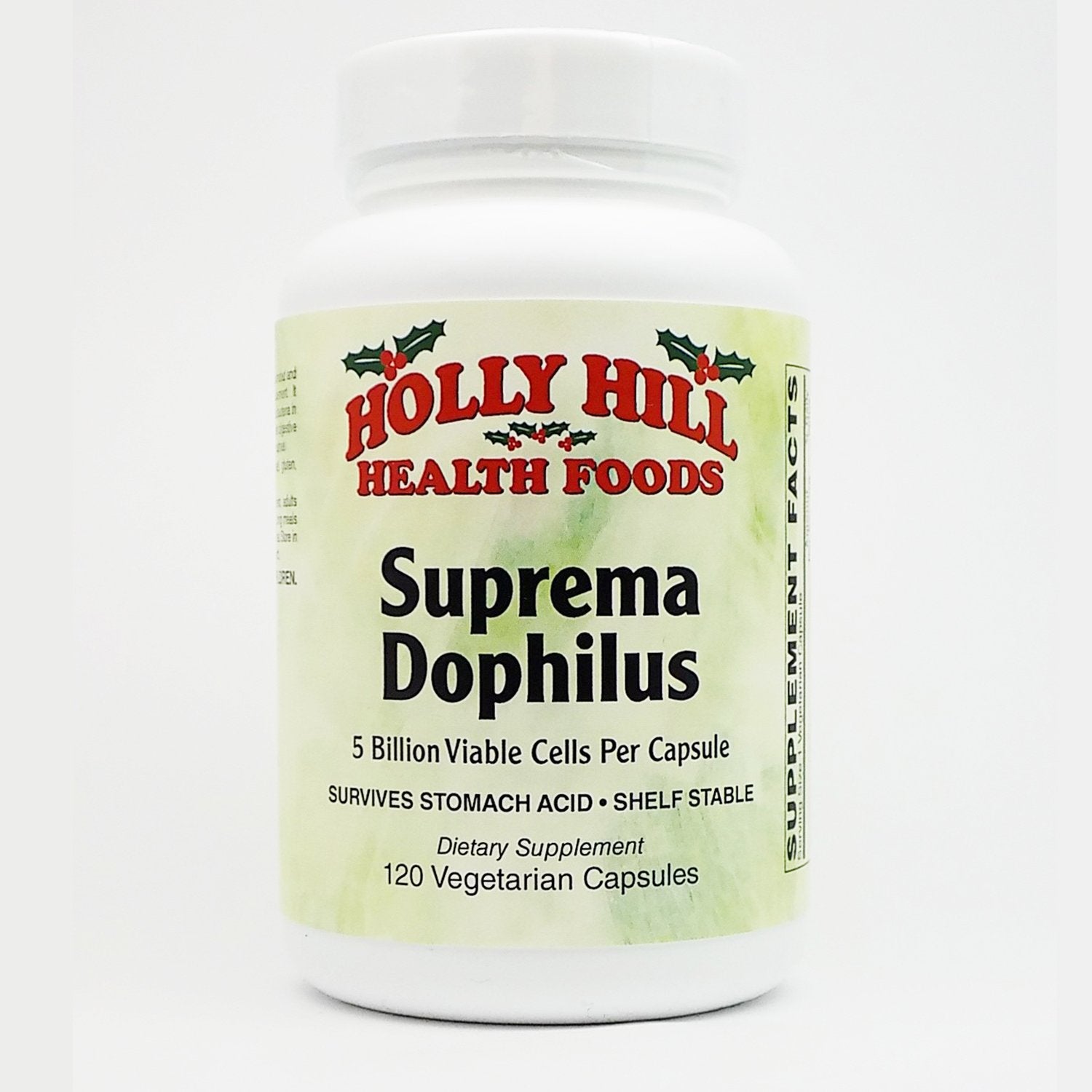 Holly Hill Suprema Dophilus bottle with capsules for digestion and gut balance.