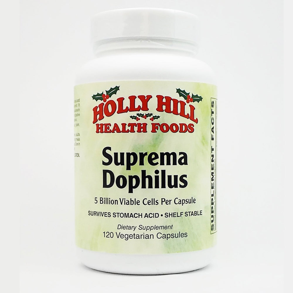 Holly Hill Suprema Dophilus bottle with capsules for digestion and gut balance.
