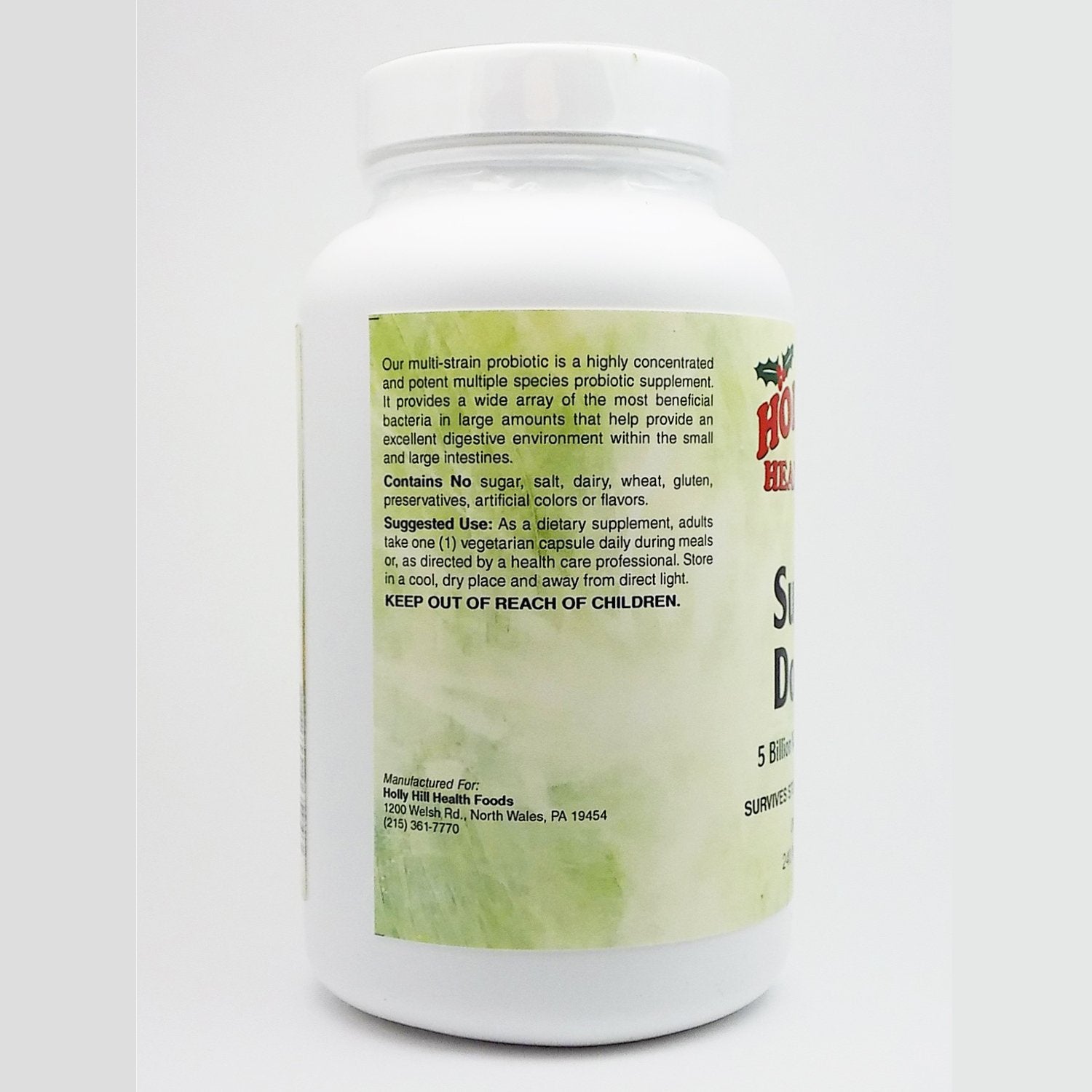 Holly Hill Suprema Dophilus ingredients label shows BEARS strains and prebiotic FOS.