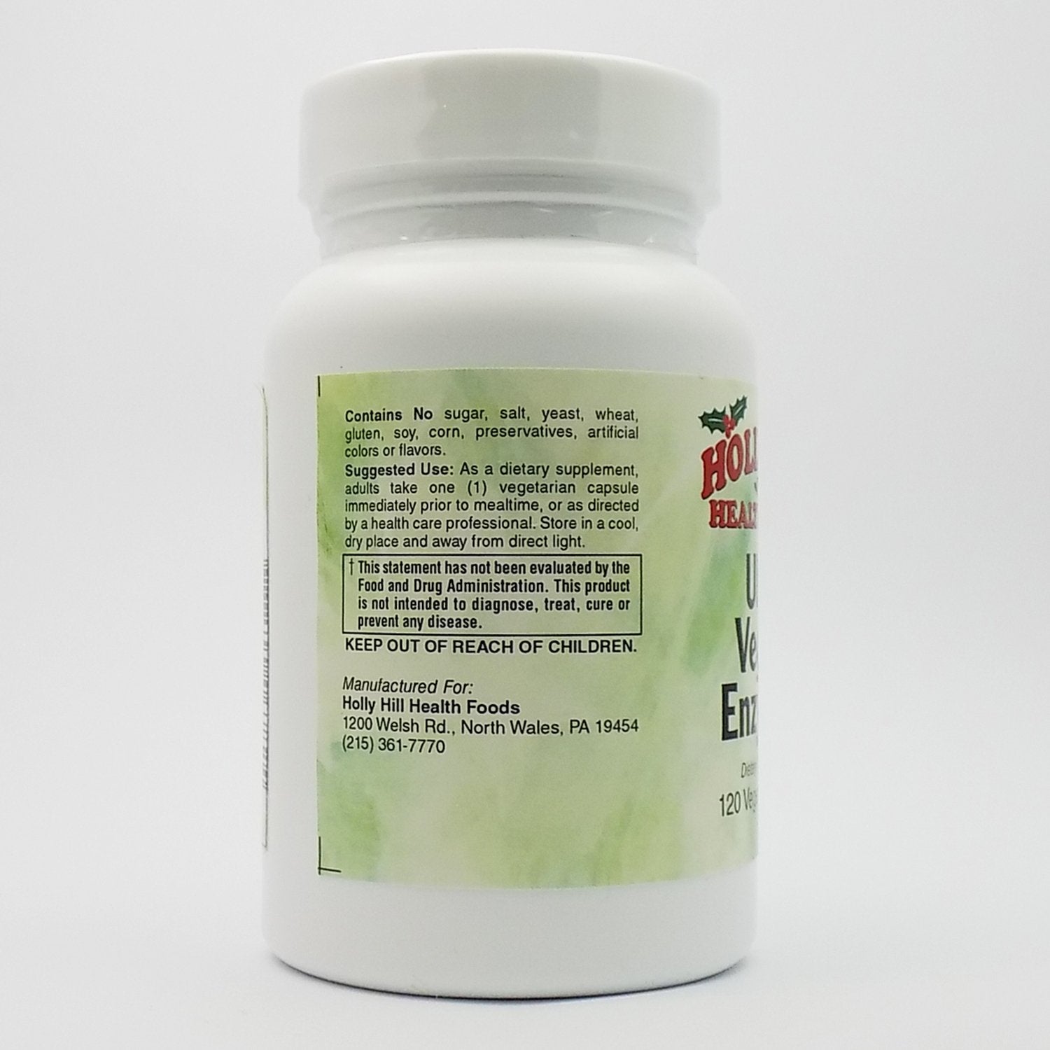 Holly Hill Ultra Veggie Enzymes label emphasizing vegetarian, acid-stable enzymes.