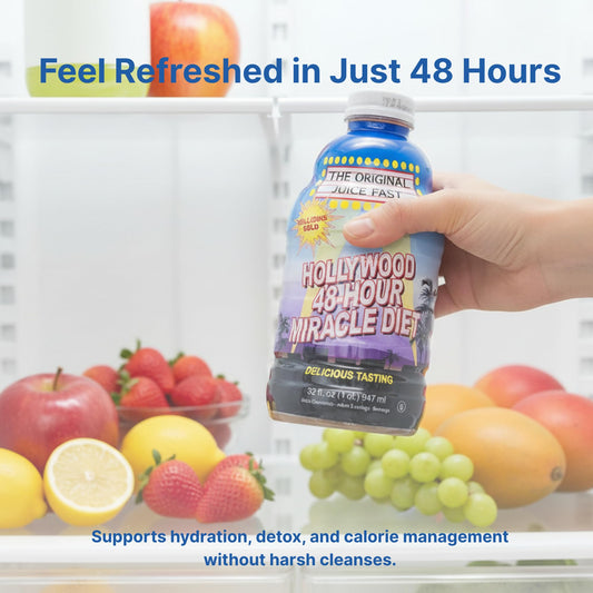 Hollywood Diet juice cleanse glass shown for a refreshing intake on the go.