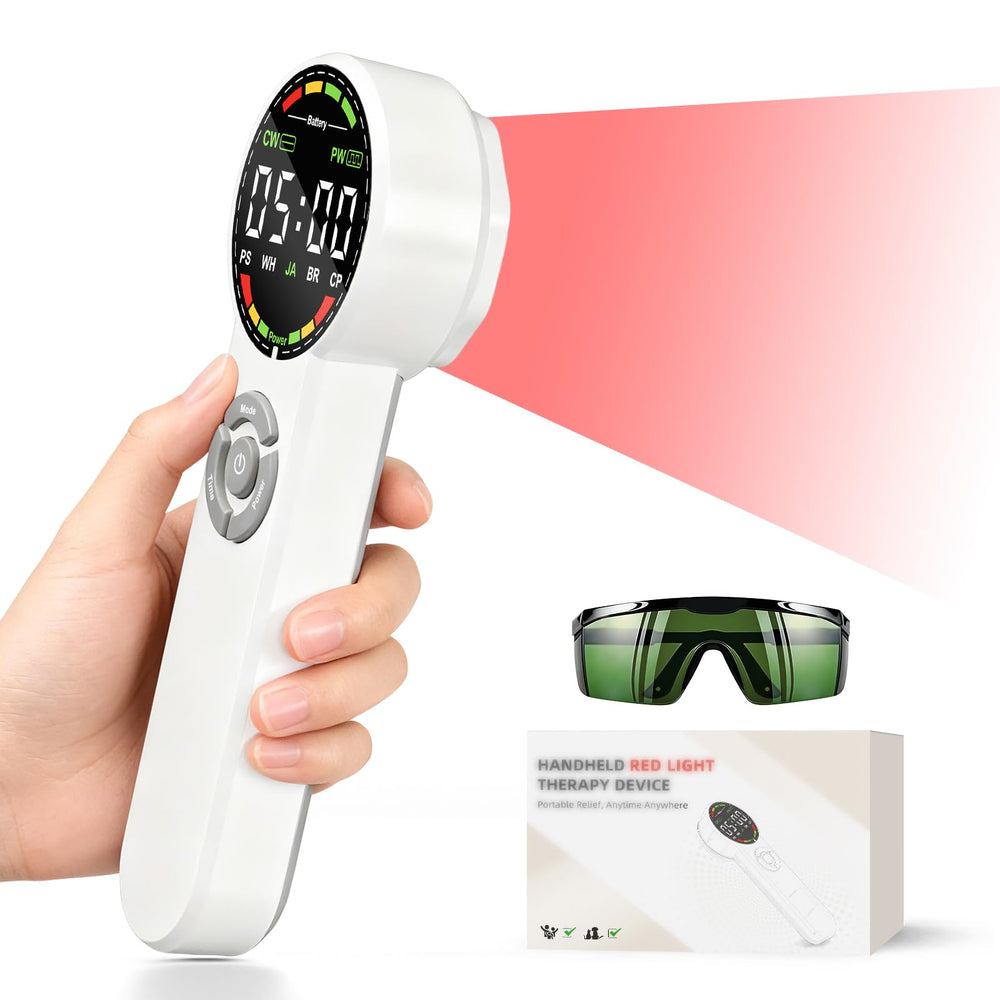 Holniva hand-held red light therapy device shown for on-the-go skin and muscle care.