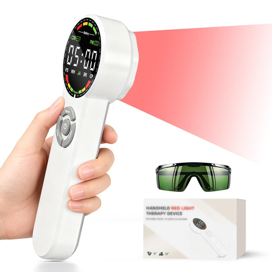 Holniva hand-held red light therapy device shown for on-the-go skin and muscle care.