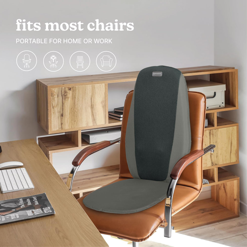 Homedics Shiatsu Massage Cushion on chair demonstrates easy setup for home or office use