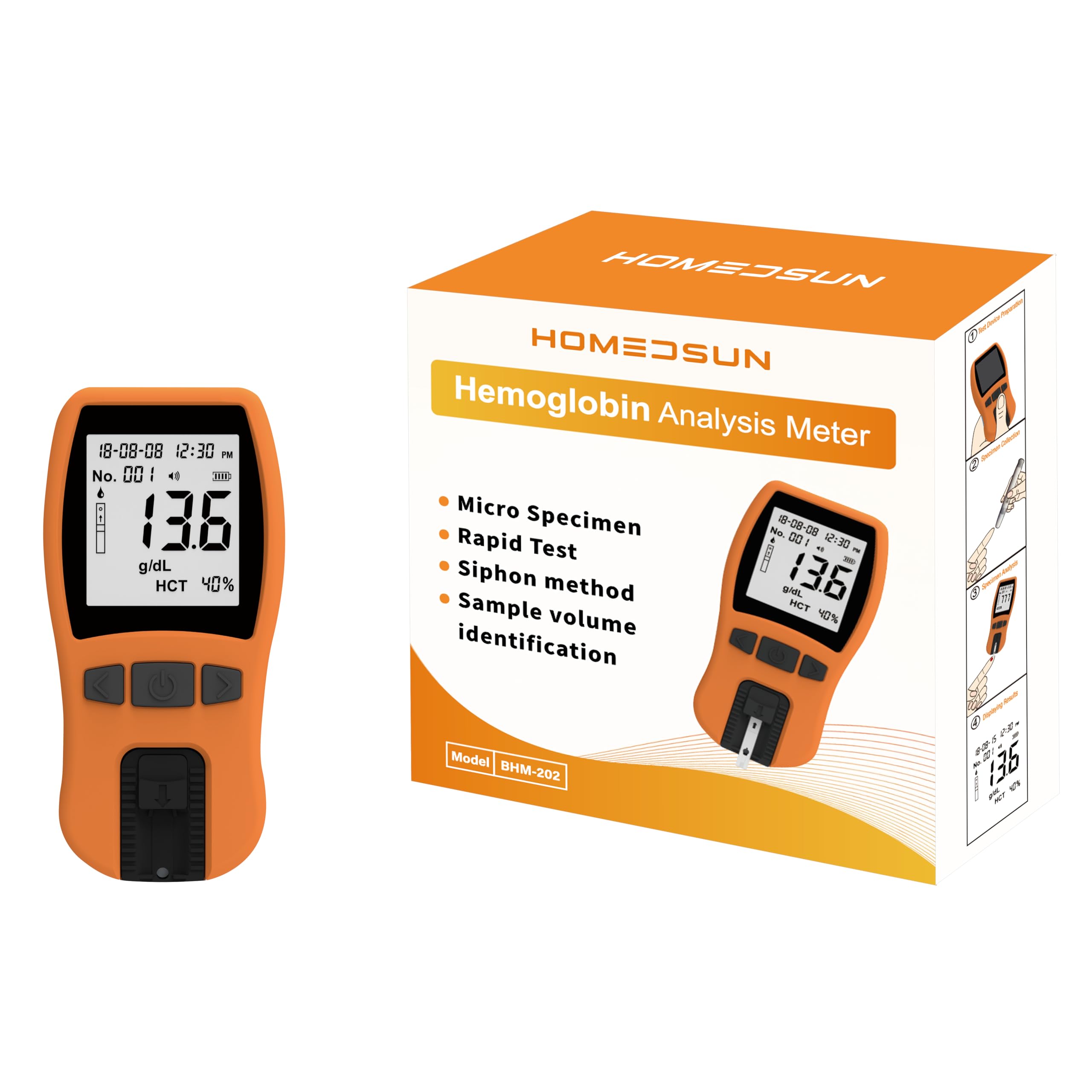 HOMEDSUN HSBHM-202 siphon technology enables quick at-home hemoglobin checks.