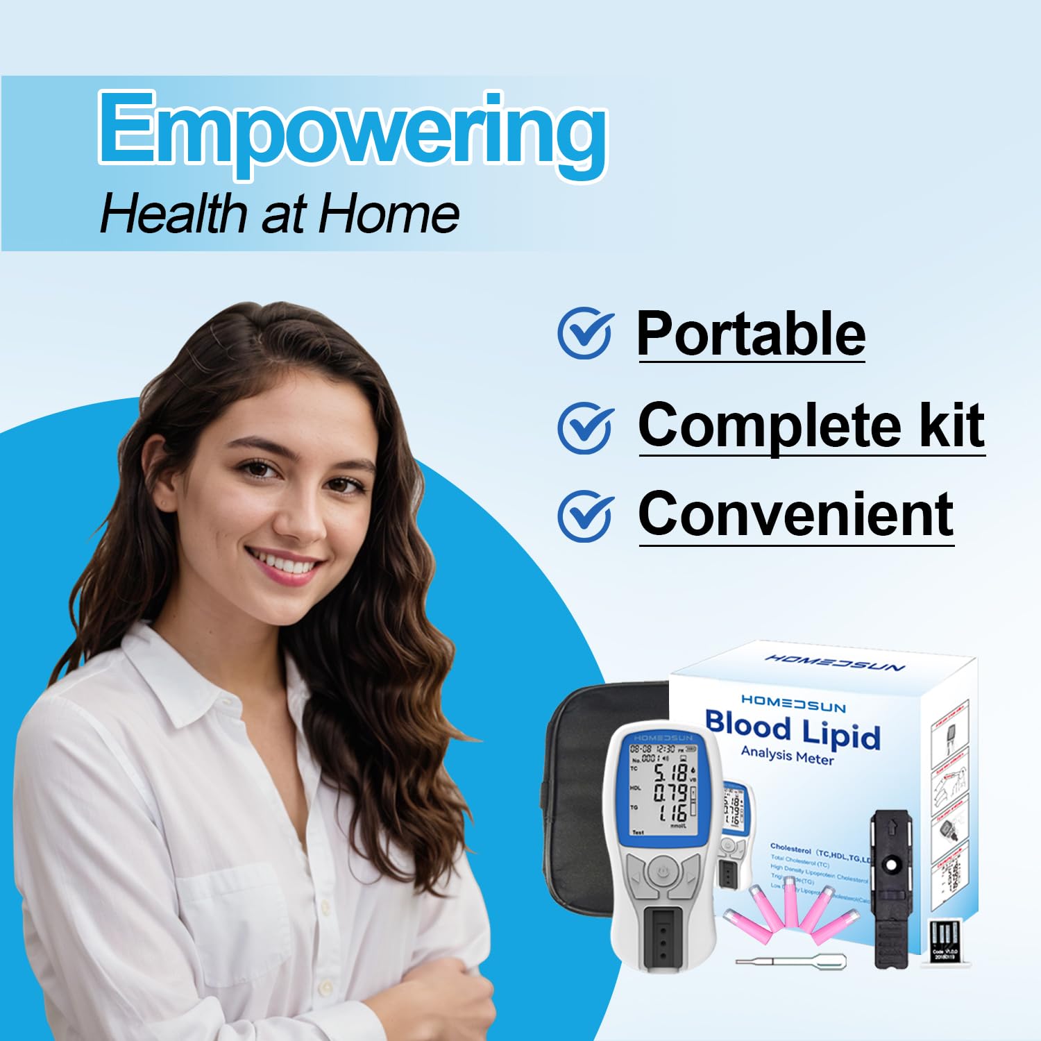 HOMEDSUN HSLPM-102 kit contents including strips and lancets