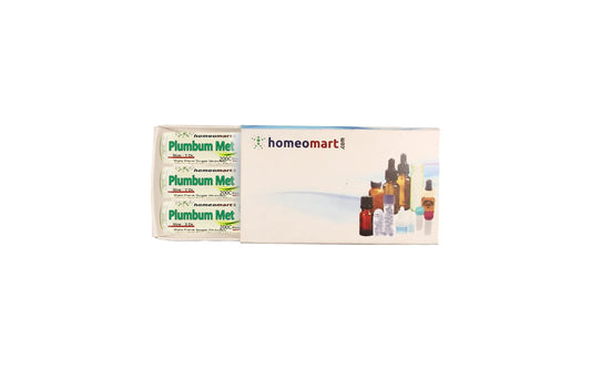HomeoMart Plumbum Metallicum pellets in glass vials for safe home use