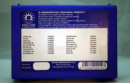 Homeopathy World 18 Remedy Starter Kit bottles organized for quick selection.