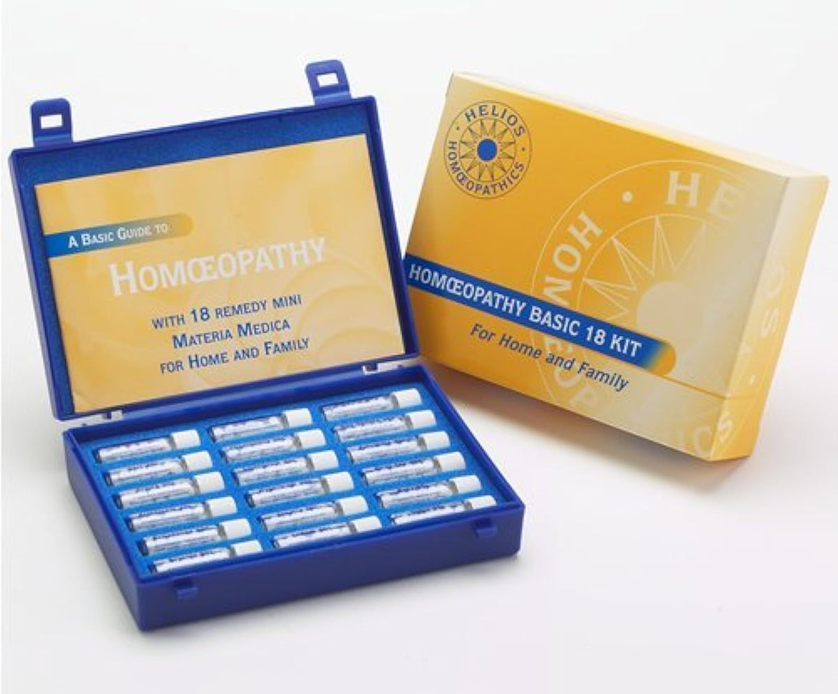 Homeopathy World 18 Remedy Starter Kit box, compact for travel.
