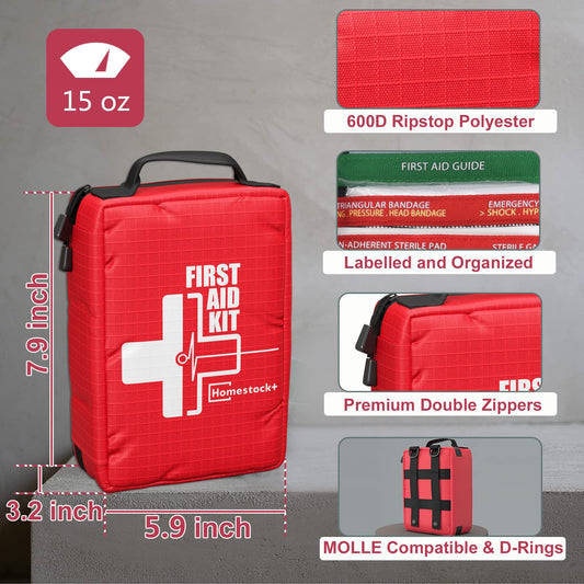 Homestockplus compact first aid kit shows portable dimensions for easy packing on trips.