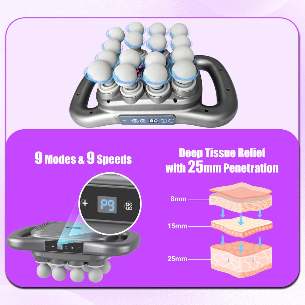 Homlume massage gun with 16 heads demonstrates full-body coverage