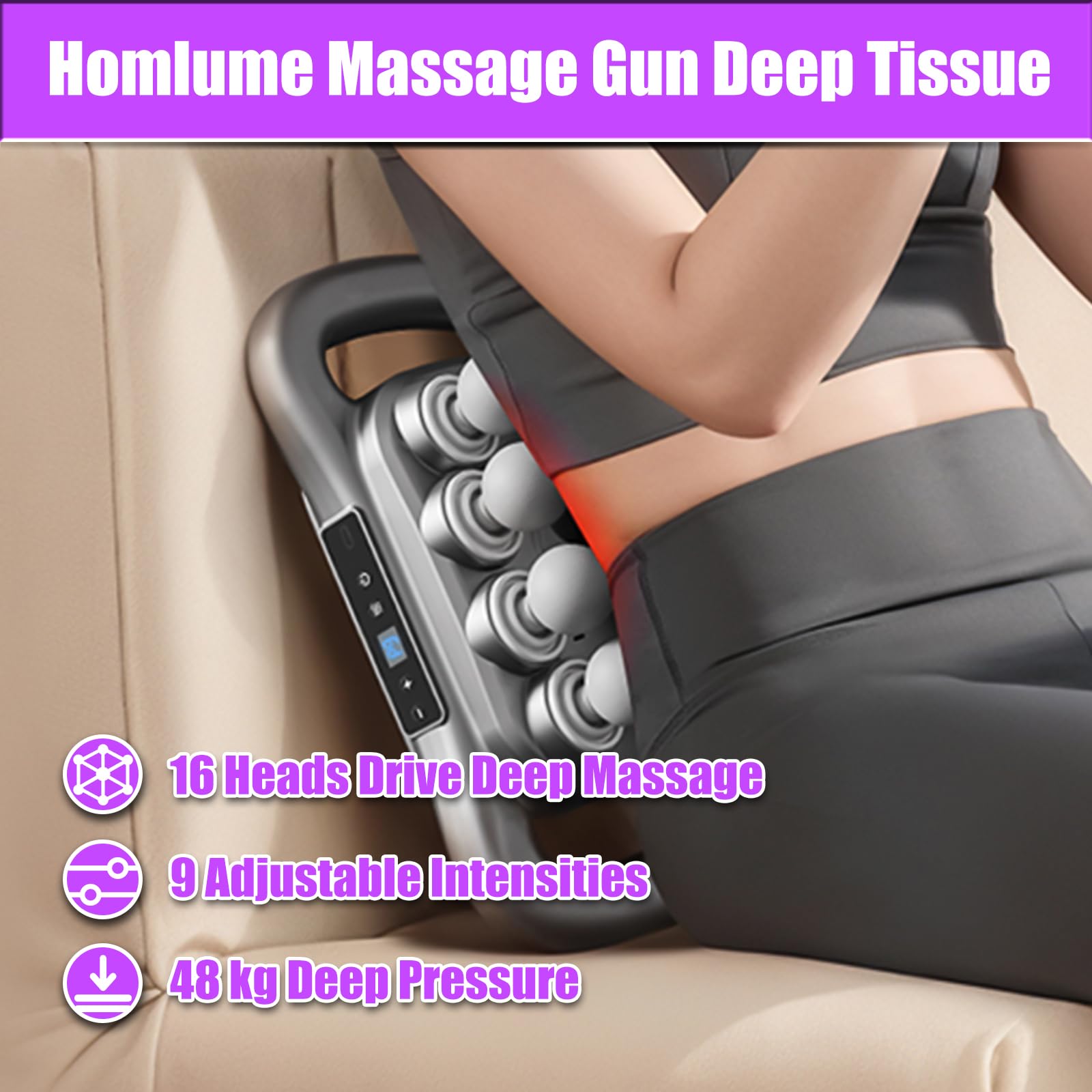 Homlume massage gun showcasing 9 modes and 9 levels for personalized relief