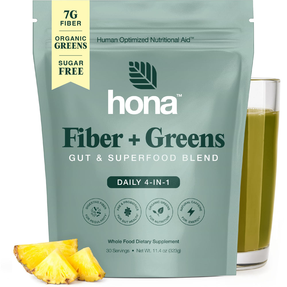 Hona Fiber + Greens bottle on shelf, convenient gut-friendly greens for daily wellness