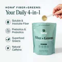 Hona Fiber + Greens ingredient panel shows prebiotics and greens