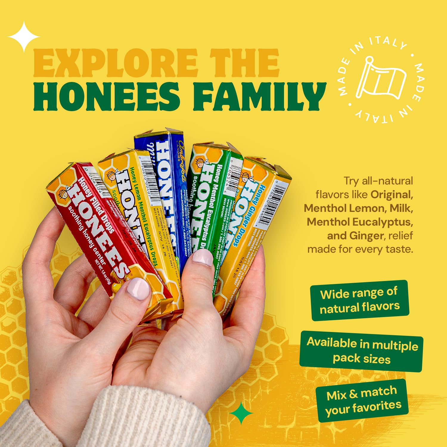 Honees assorted flavors pack offering Menthol Eucalyptus and Honey options.