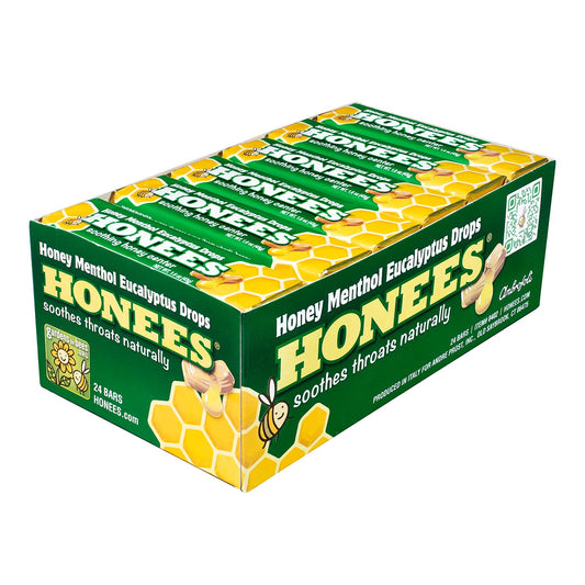 Honees bottle of menthol drops for quick throat relief on the go.