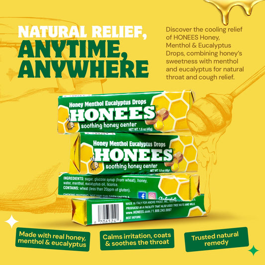 Honees menthol drops closeup highlighting cooling relief.