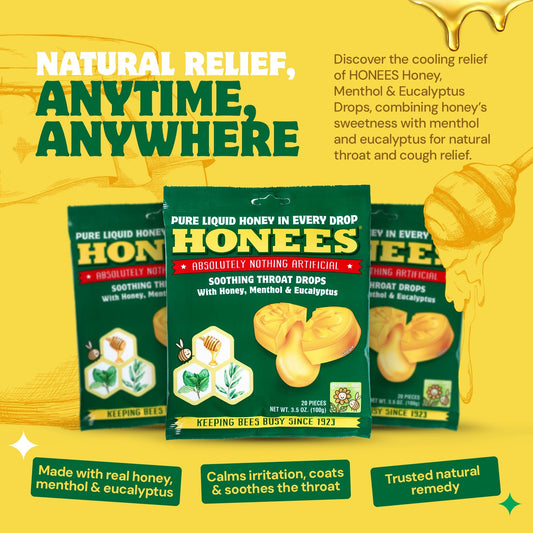 Honees honey menthol drops pack for natural, on-the-go relief