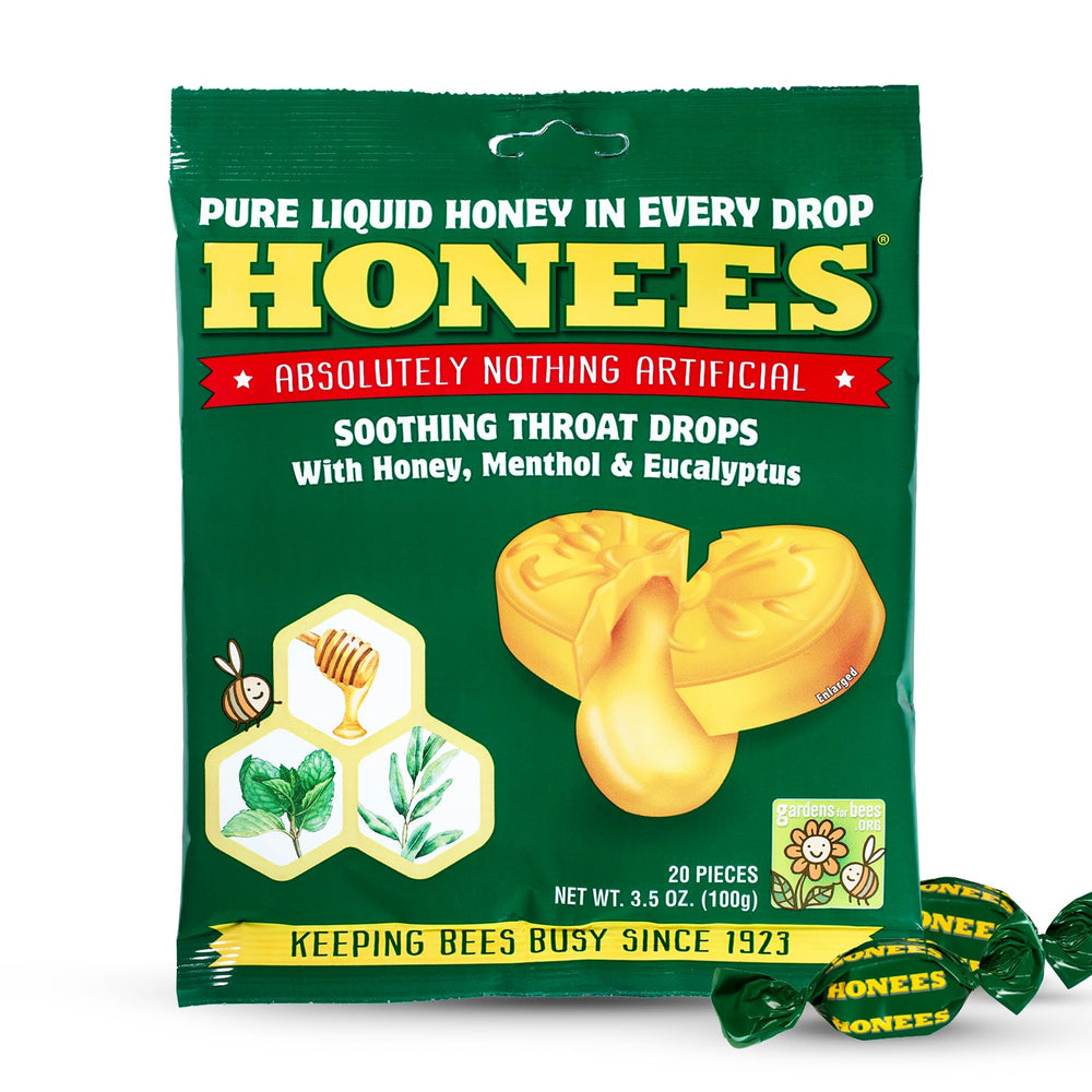 Honees menthol-eucalyptus drops bottle for soothing throat discomfort