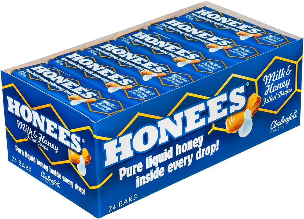 Honees drops highlighting gluten-free and non-GMO formula with natural ingredients.