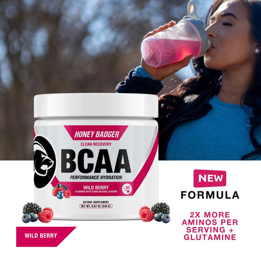 Honey Badger BCAA EAA powder being mixed with water for fast hydration.